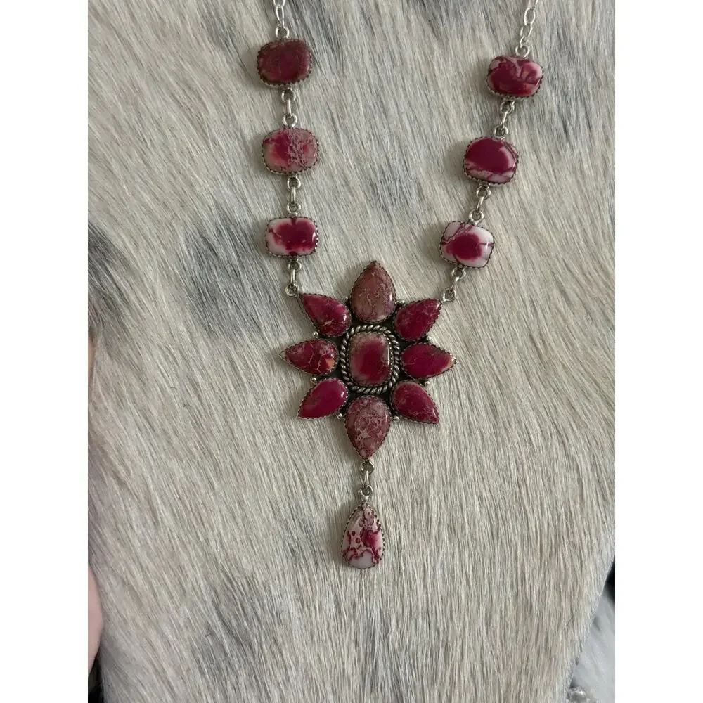 Native American SW Sterling Silver Pink Red Jasper Huge Cluster Necklace Lariat